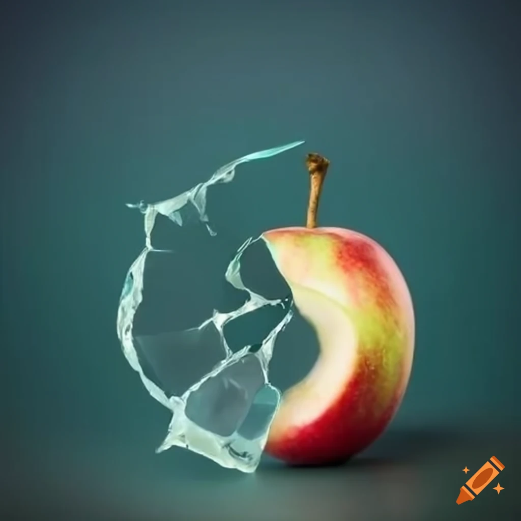 Glass art representation of a broken apple on Craiyon