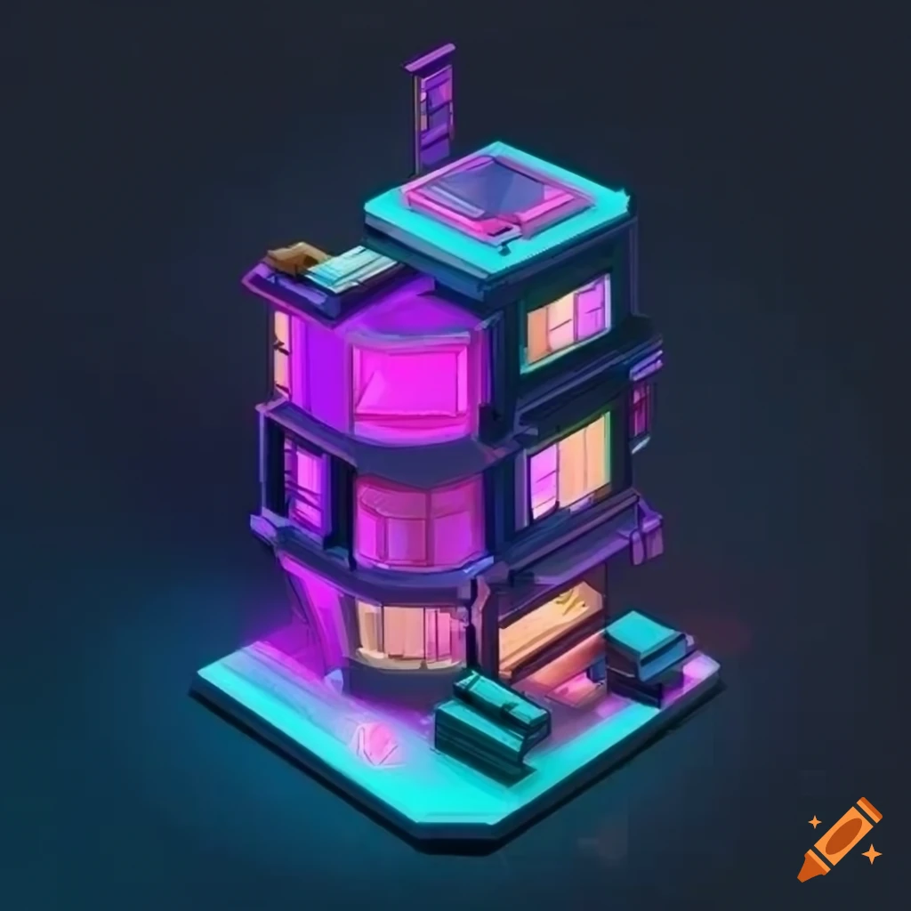 Isometric view of a cyberpunk house on Craiyon