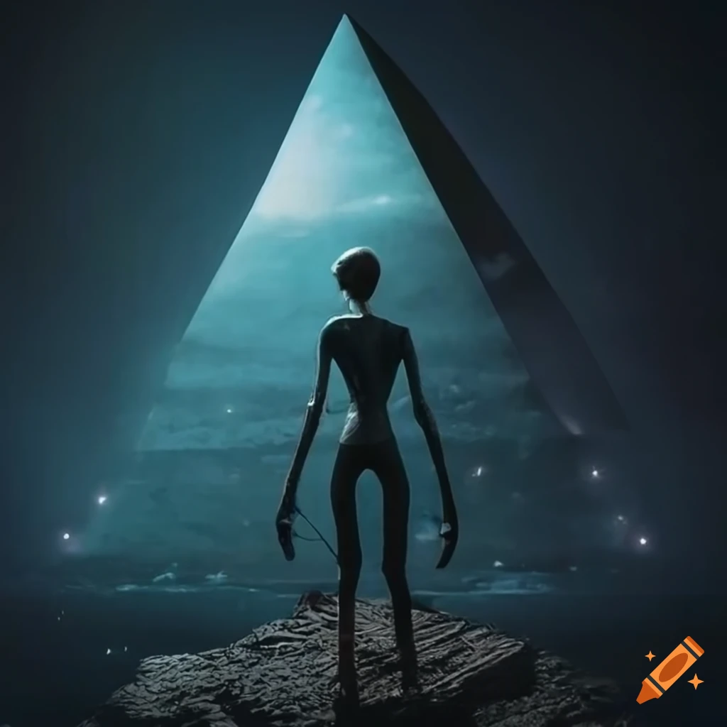 hyperrealistic depiction of a Grey Alien at a pyramid at night