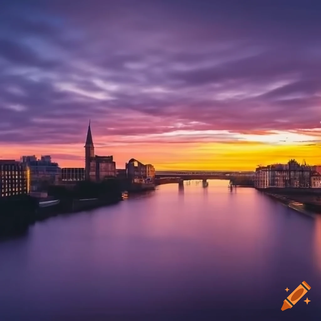 sunset over downtown Glasgow, Scotland