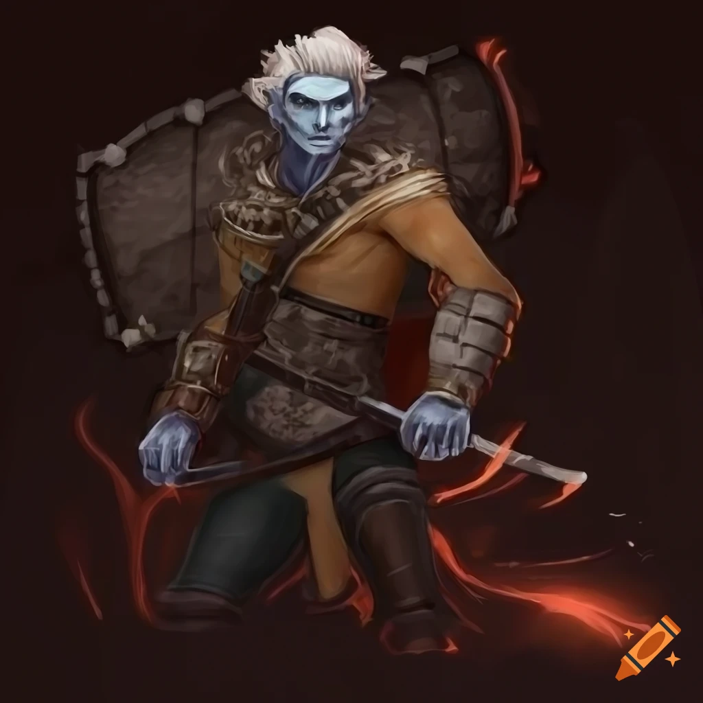 illustration of a male steam genasi rogue with a shield