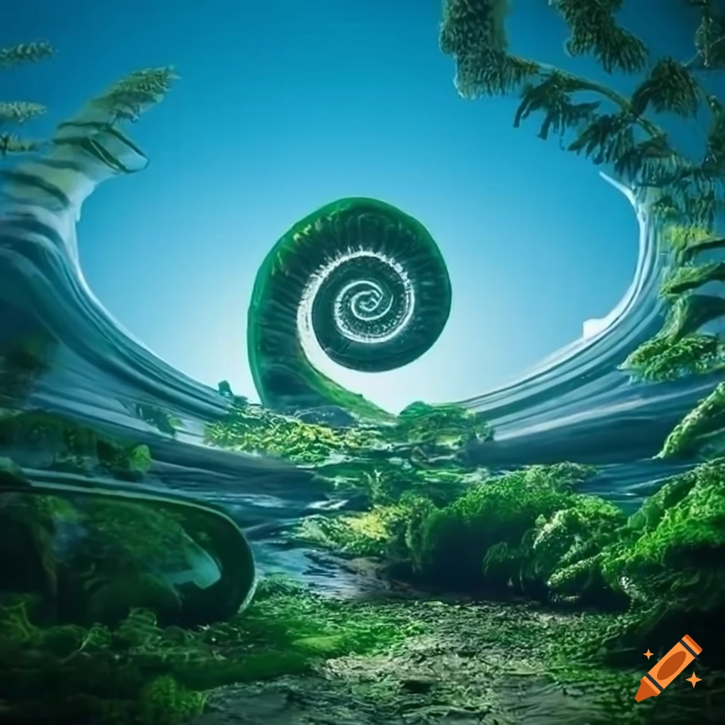 Hyperrealistic glass building in shape of an ammonite with moss