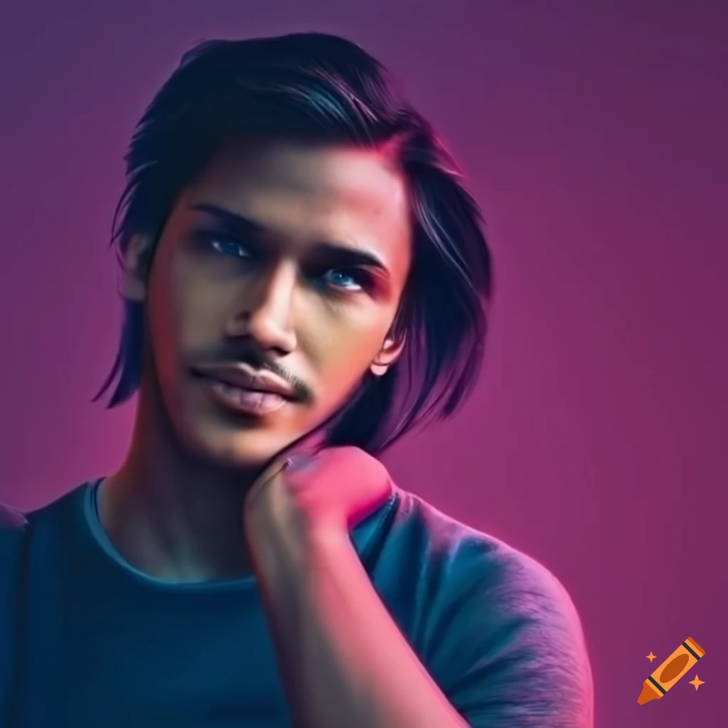 portrait of a handsome biracial French man against a neon city backdrop
