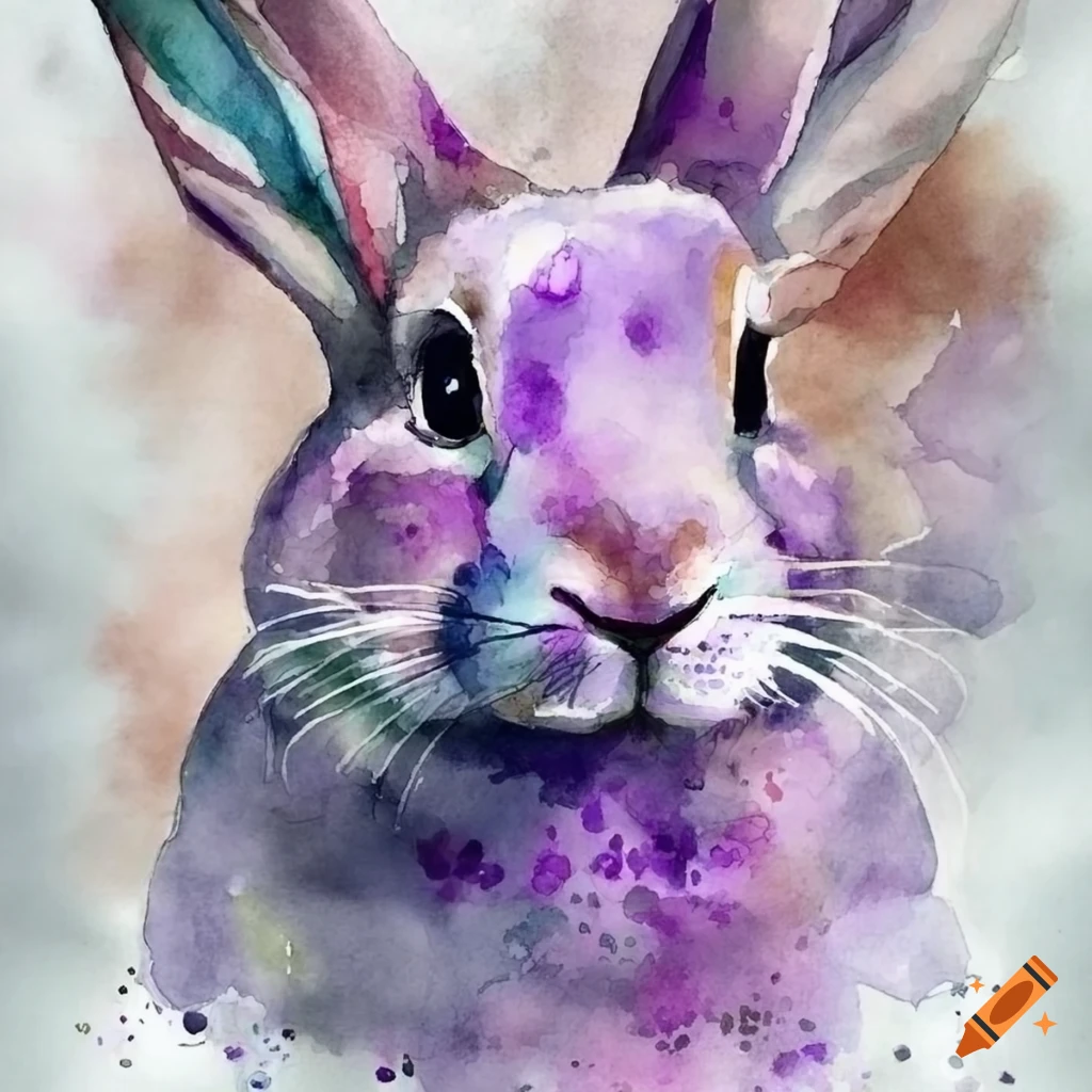 Watercolor of a cute rabbit with amethyst crystals and flowers on Craiyon