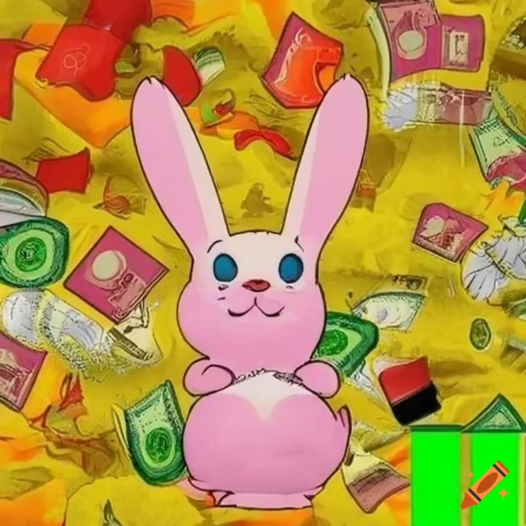 Satirical image of a bunny with money in a windows xp theme on Craiyon