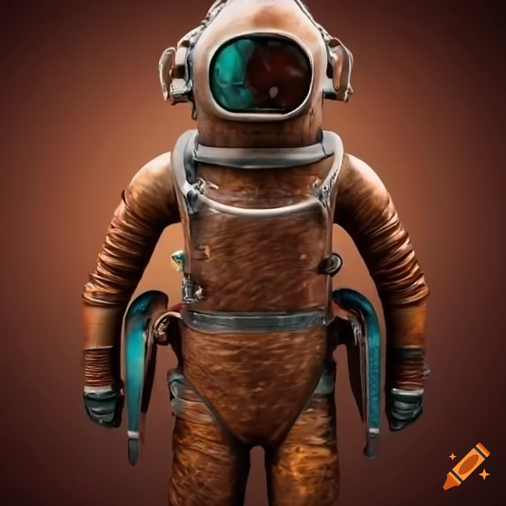 3D rendering of a copper diving suit among colorful coral reefs