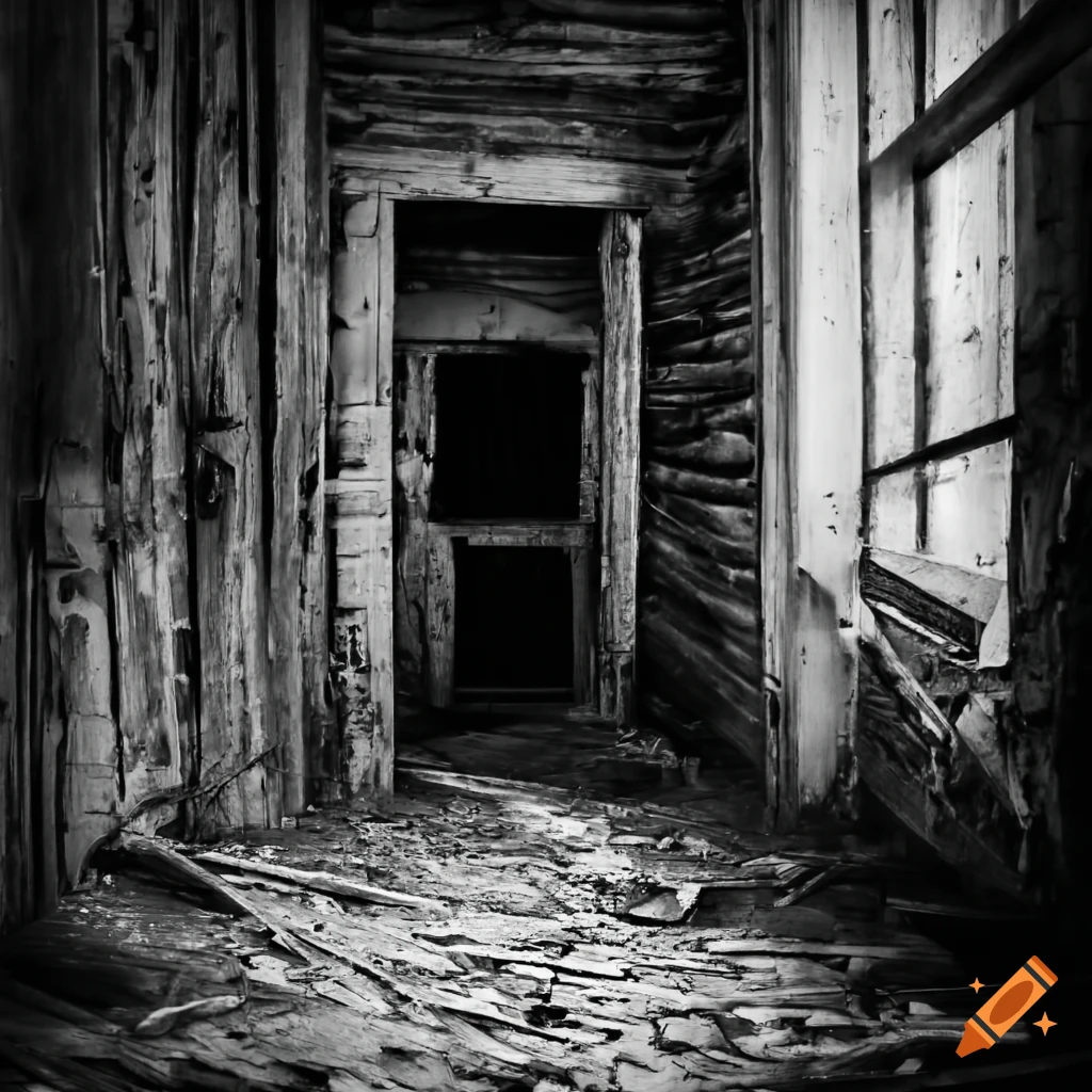 black and white photo of a spooky cabin hallway