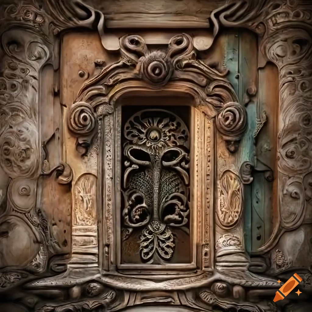 intricate door with African symbols carved on shale rock