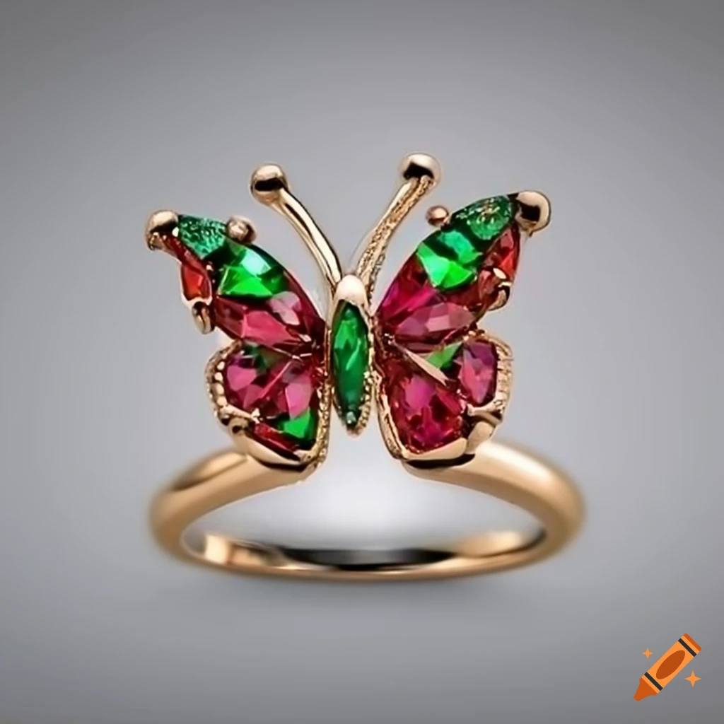 Butterfly engagement ring with green and red stones on Craiyon