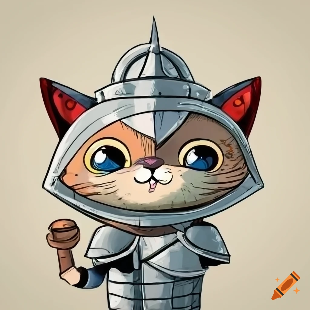 Handdrawn cartoon cat in armor on Craiyon