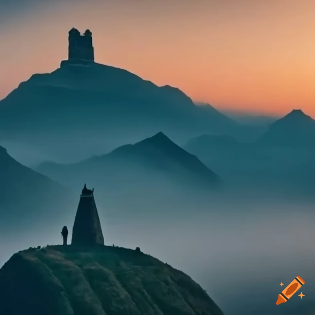 misty mountains with a lone rider near ancient towers