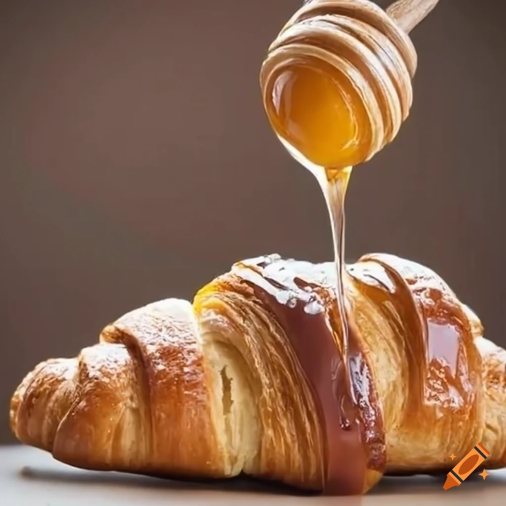 croissant with honey being drizzled on top