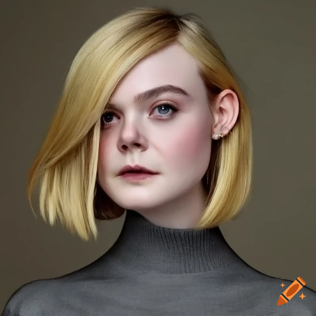 Elle fanning with a bob haircut and black turtleneck on Craiyon