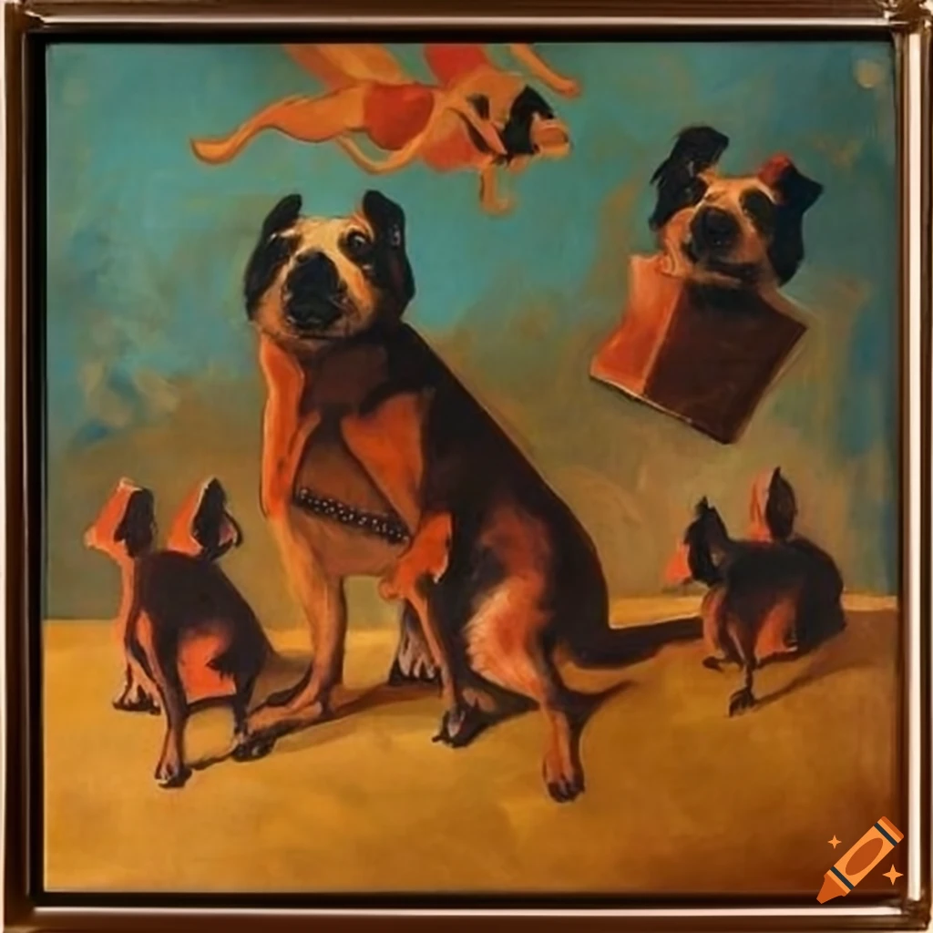Dogs with hats in a max ernstinspired painting