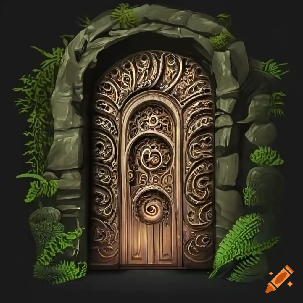 carved symbols on shale rock door with ammonite and spiral decoration