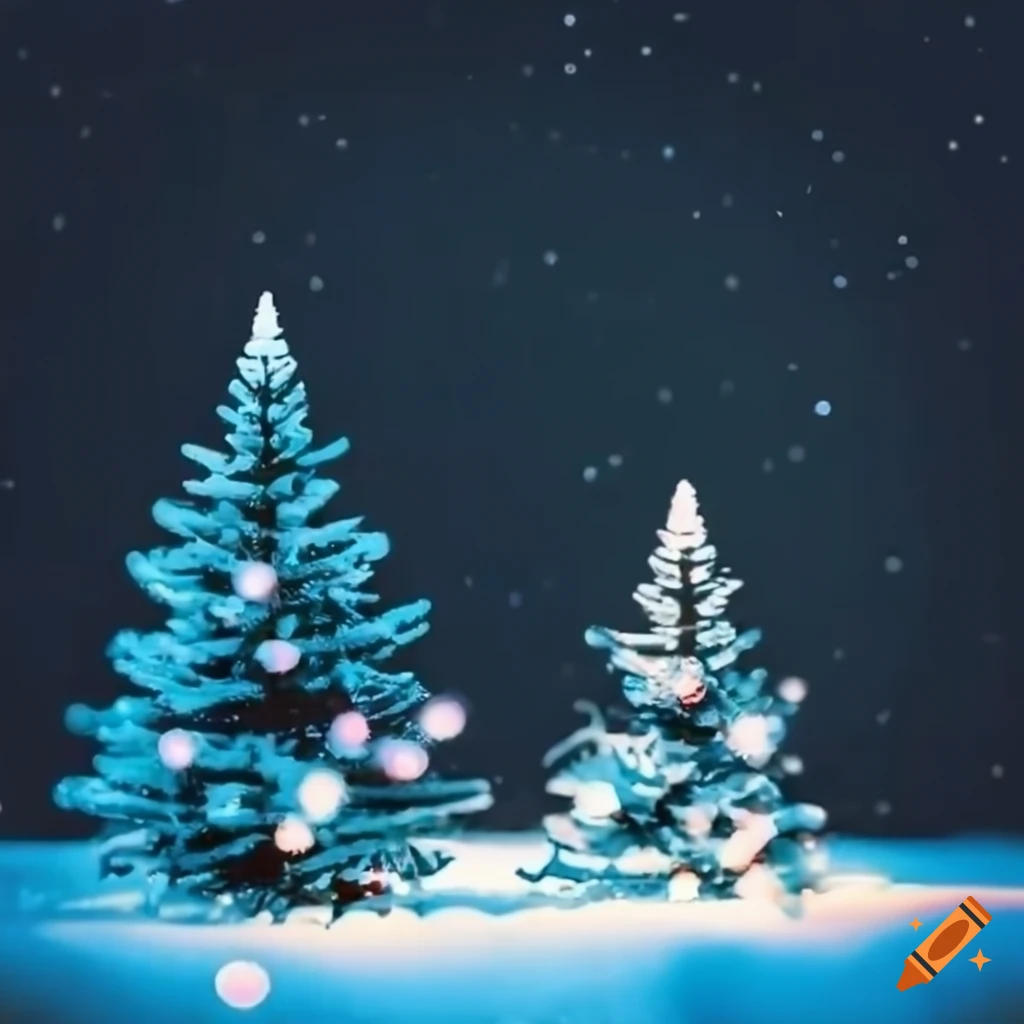 snowy landscape with Christmas lights on a fir tree