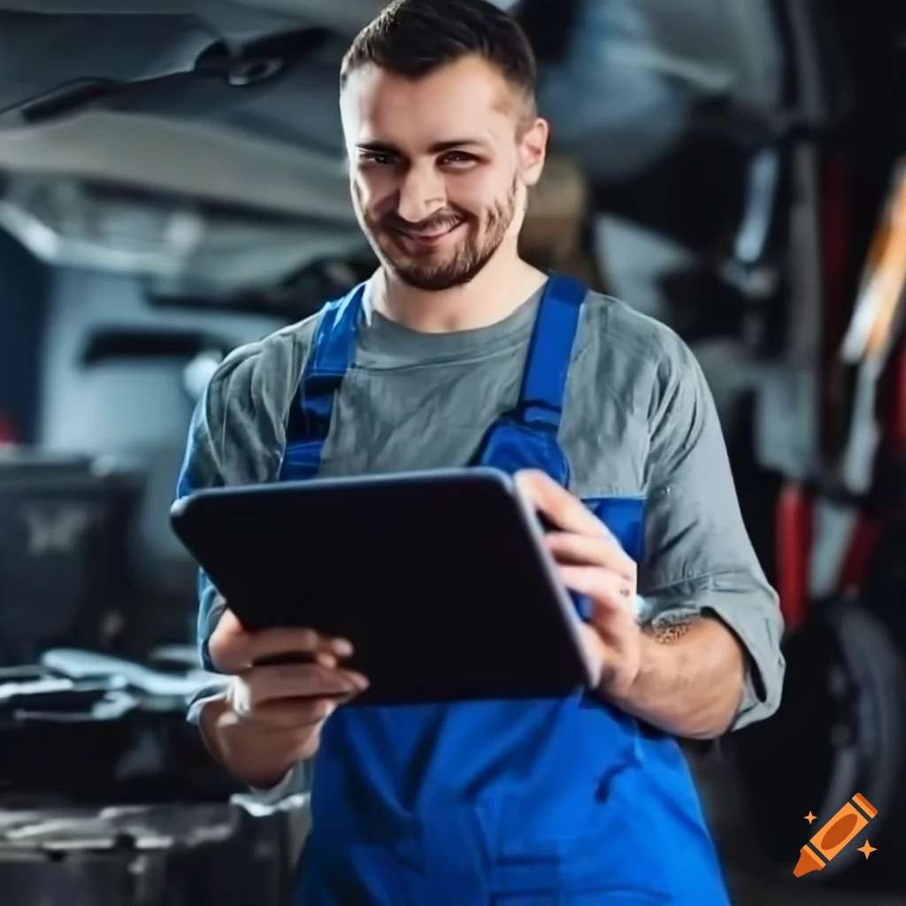 Mechanic using tablet in a busy garage
