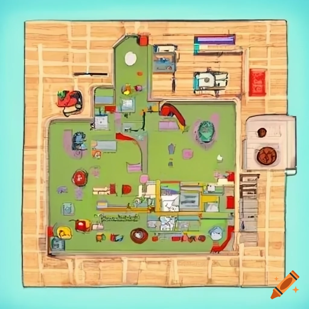 School map showing classrooms, staff room, hall, canteen, playground