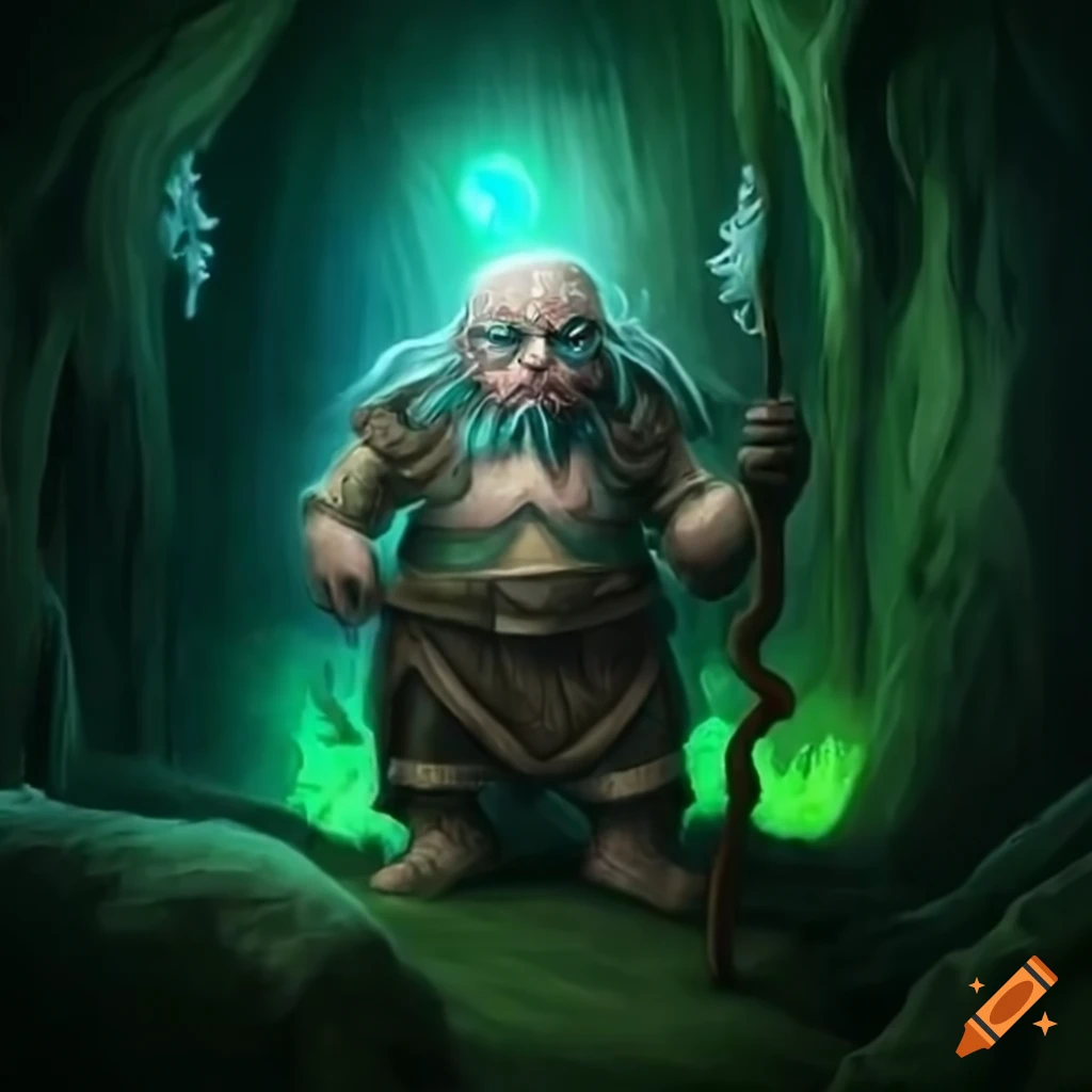 Image of a bald dwarf druid with glowing eyes in a cave