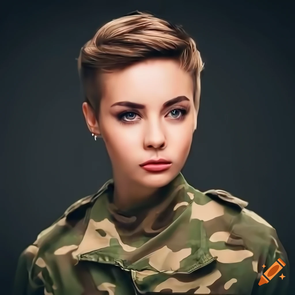 Mary mouser in military attire with short hairstyle on Craiyon