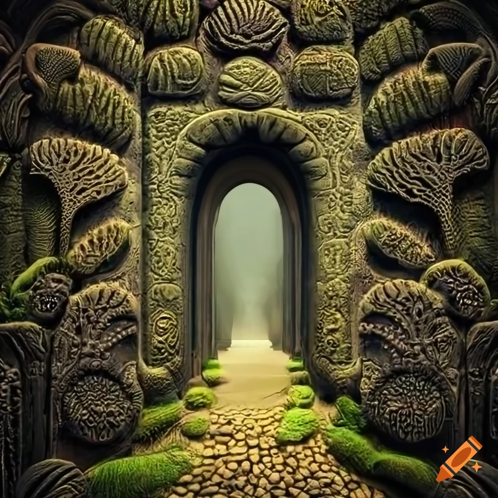 intricate basalt stone door with moss and ferns
