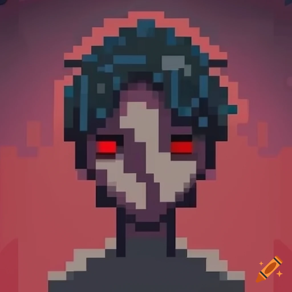 Pixel art of a character with red eyes on Craiyon