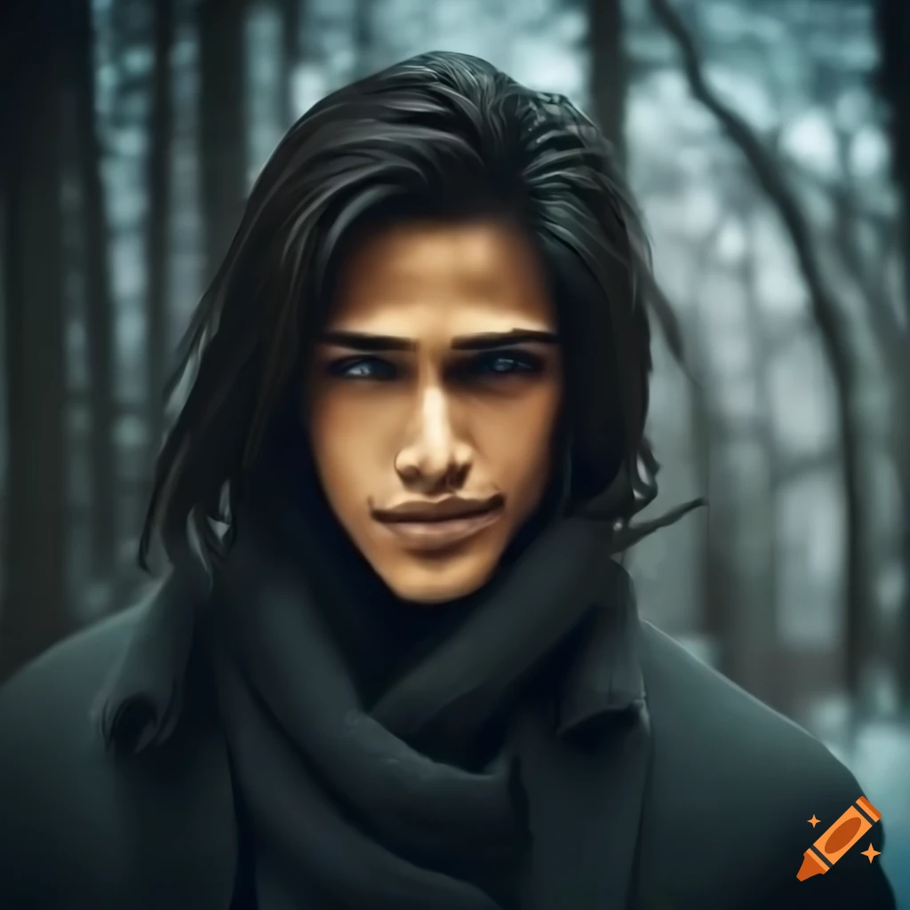 portrait of a handsome biracial man with blue eyes and long black hair