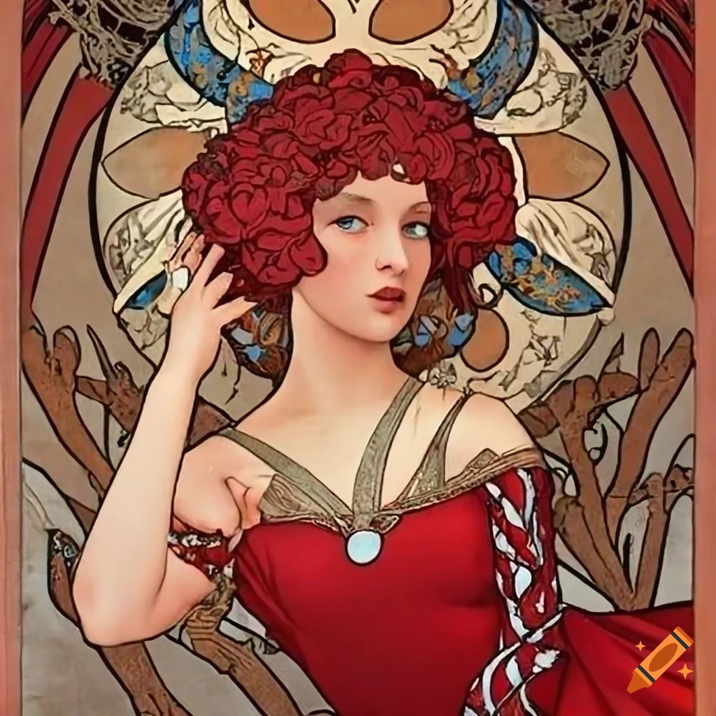 Portrait of hadley ashford in a red dress inspired by alphonse mucha on Craiyon