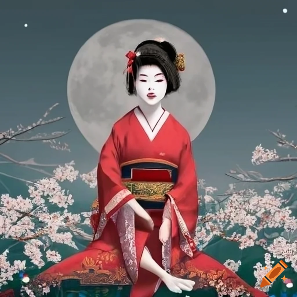 Geisha in red kimono with cherry blossoms and cranes on Craiyon