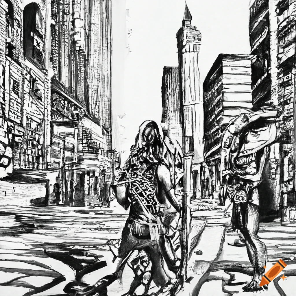 pen and ink drawing of New York City with a Mayan warrior