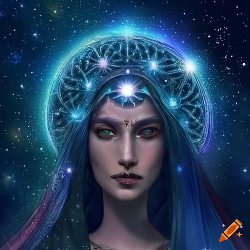 artwork of celestial being with glowing symbols