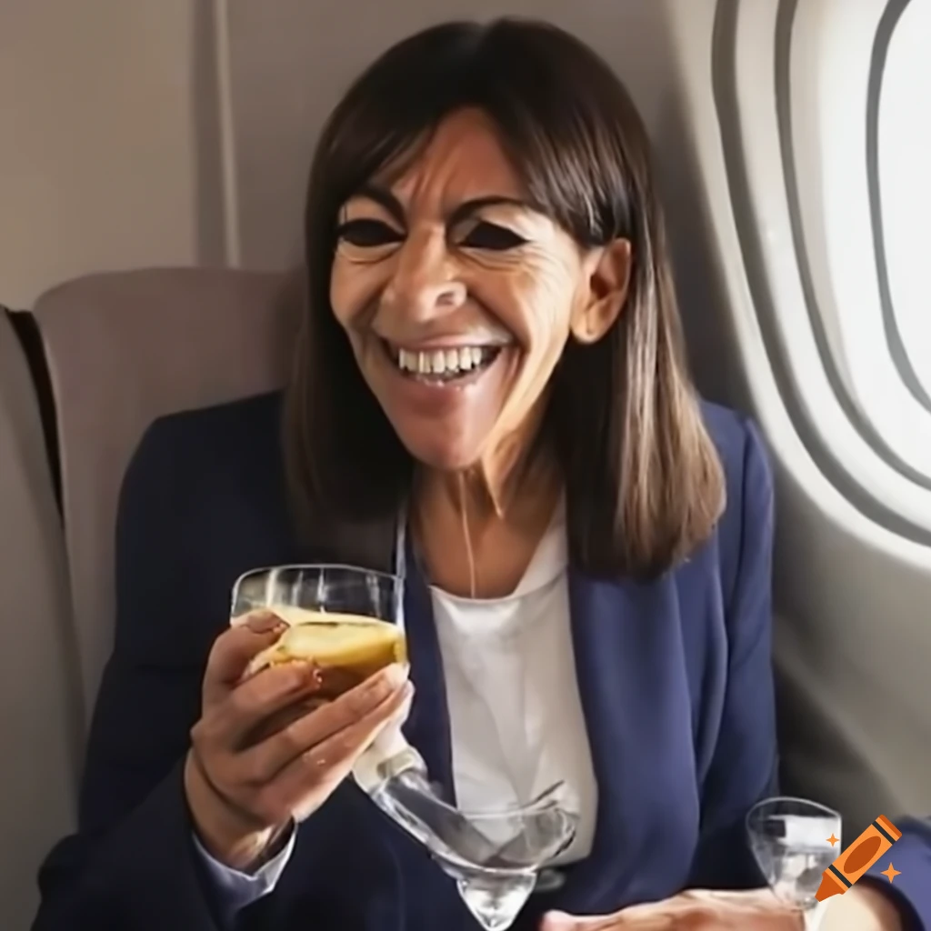 Anne Hidalgo drinking champagne in a plane