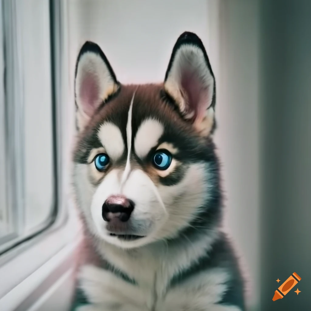 Mini husky looking out of a window