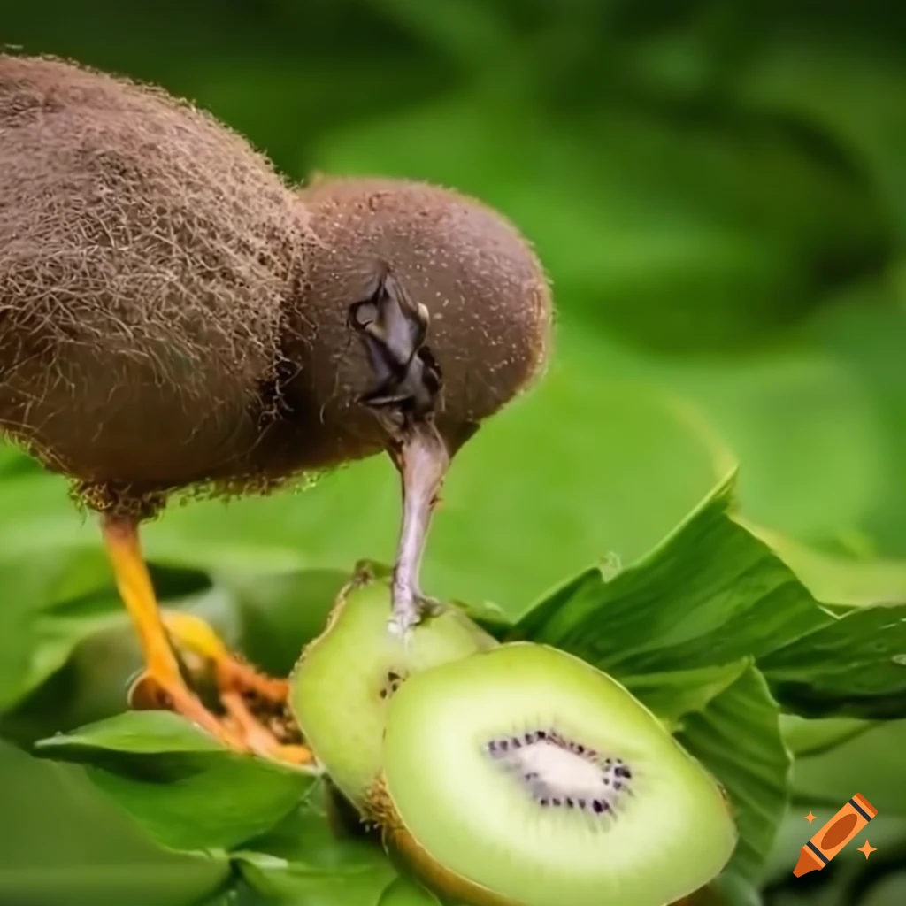 close-up of a kiwi bird eating a kiwi fruit