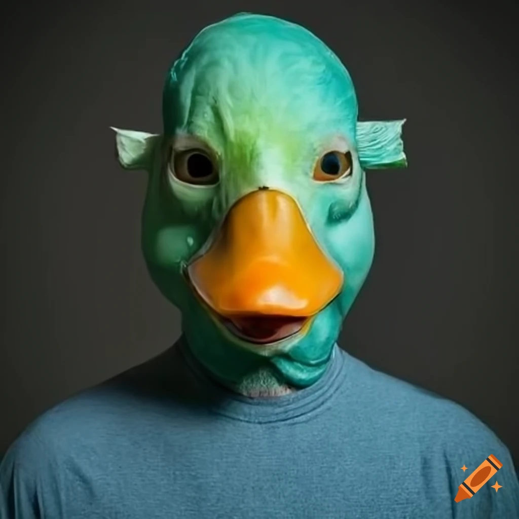 Realistic man wearing a cyan duck mask on Craiyon