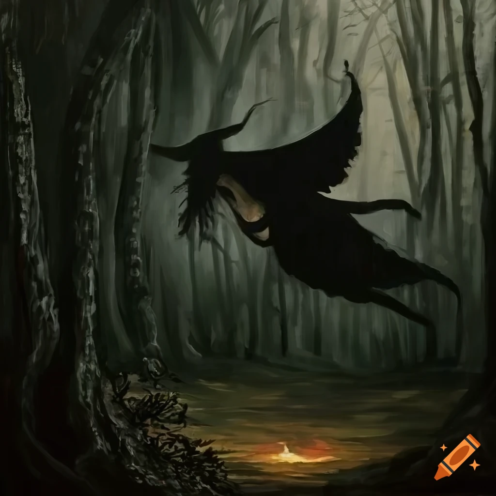 dark oil painting of a witch flying over a log cabin