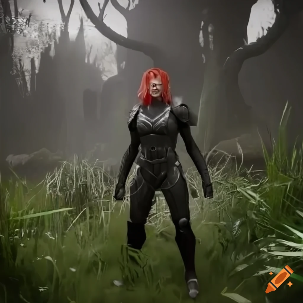 Dark sci-fi soldier in jungle with red hair and black armor on Craiyon