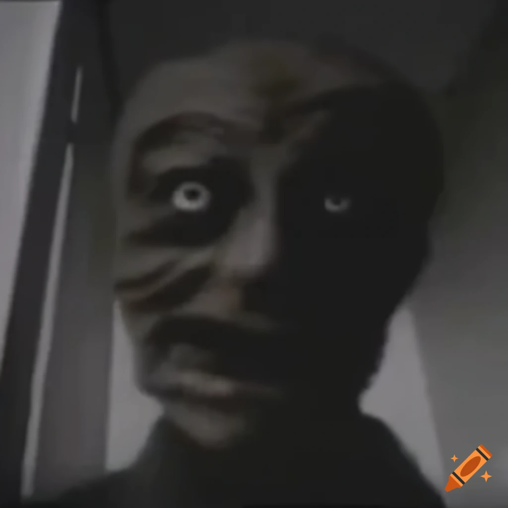 Grainy vhs footage of a spooky elongated face in a hallway