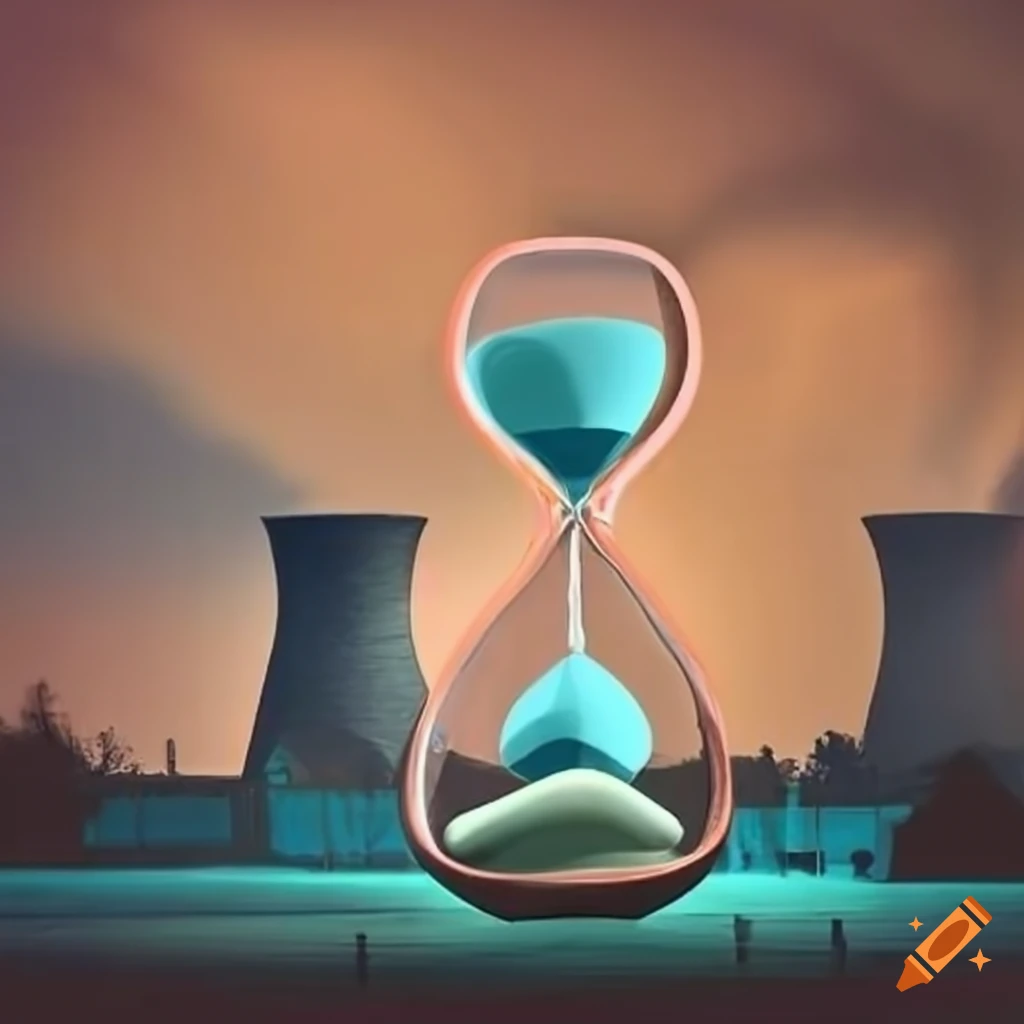 conceptual image of hourglass and nuclear power plant