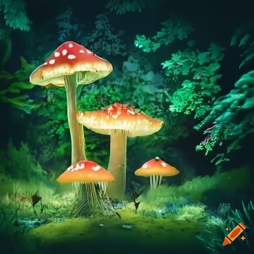 enchanted forest with luminous mushrooms and dense foliage