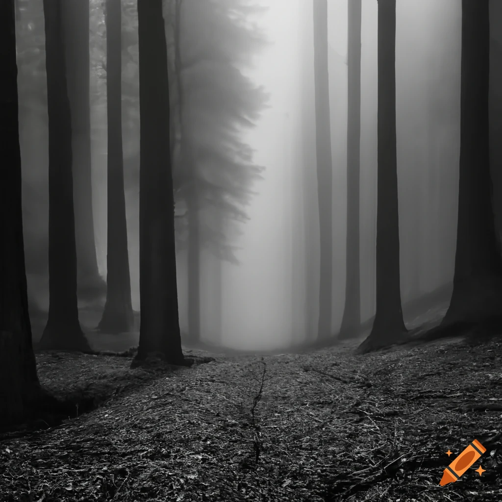 black and white photo of a foggy forest