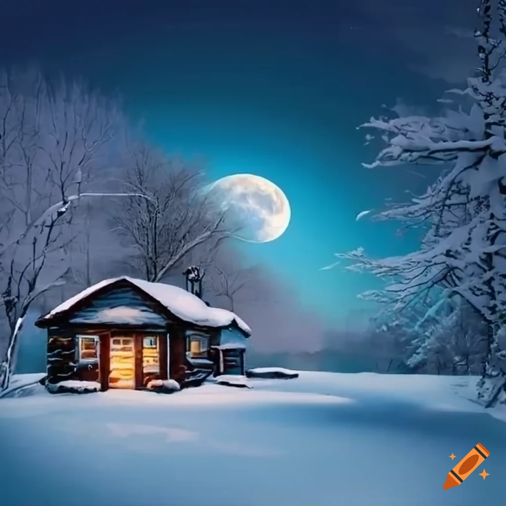 Cozy snowy cottage under a bright moon on Craiyon