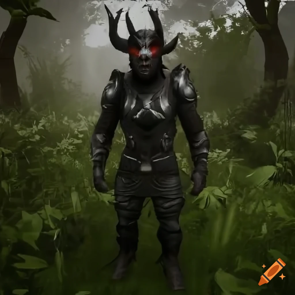 Sci-fi dark soldier elf in black armor on a jungle on Craiyon