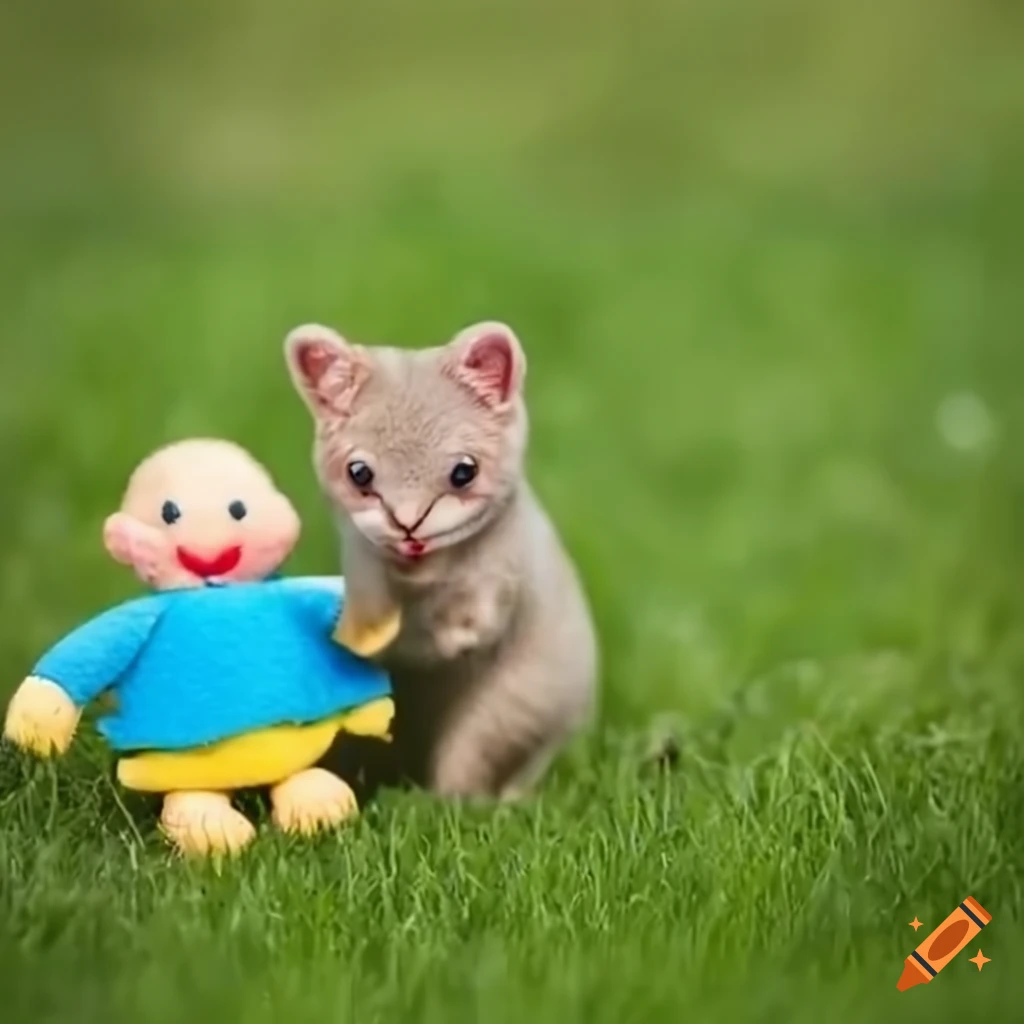 dog playing with a squeaky toy in a meadow