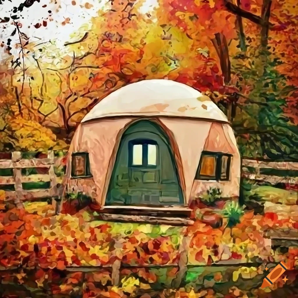 charming mini dome home surrounded by autumn foliage