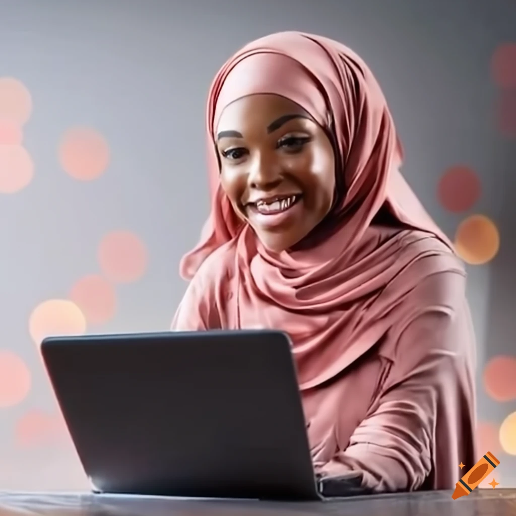 Muslim girl working on computer with candy on desk on Craiyon