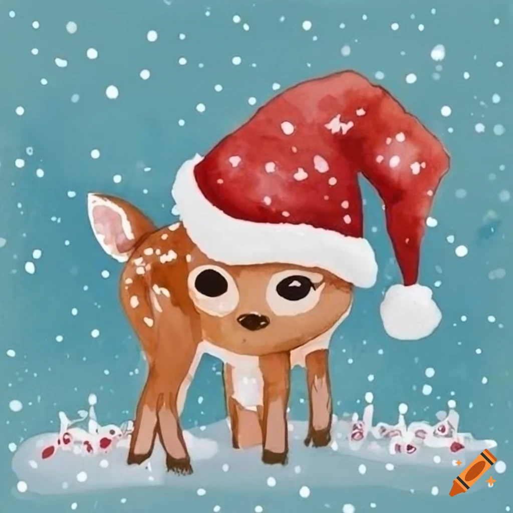 watercolor of a cute baby deer with Santa hat