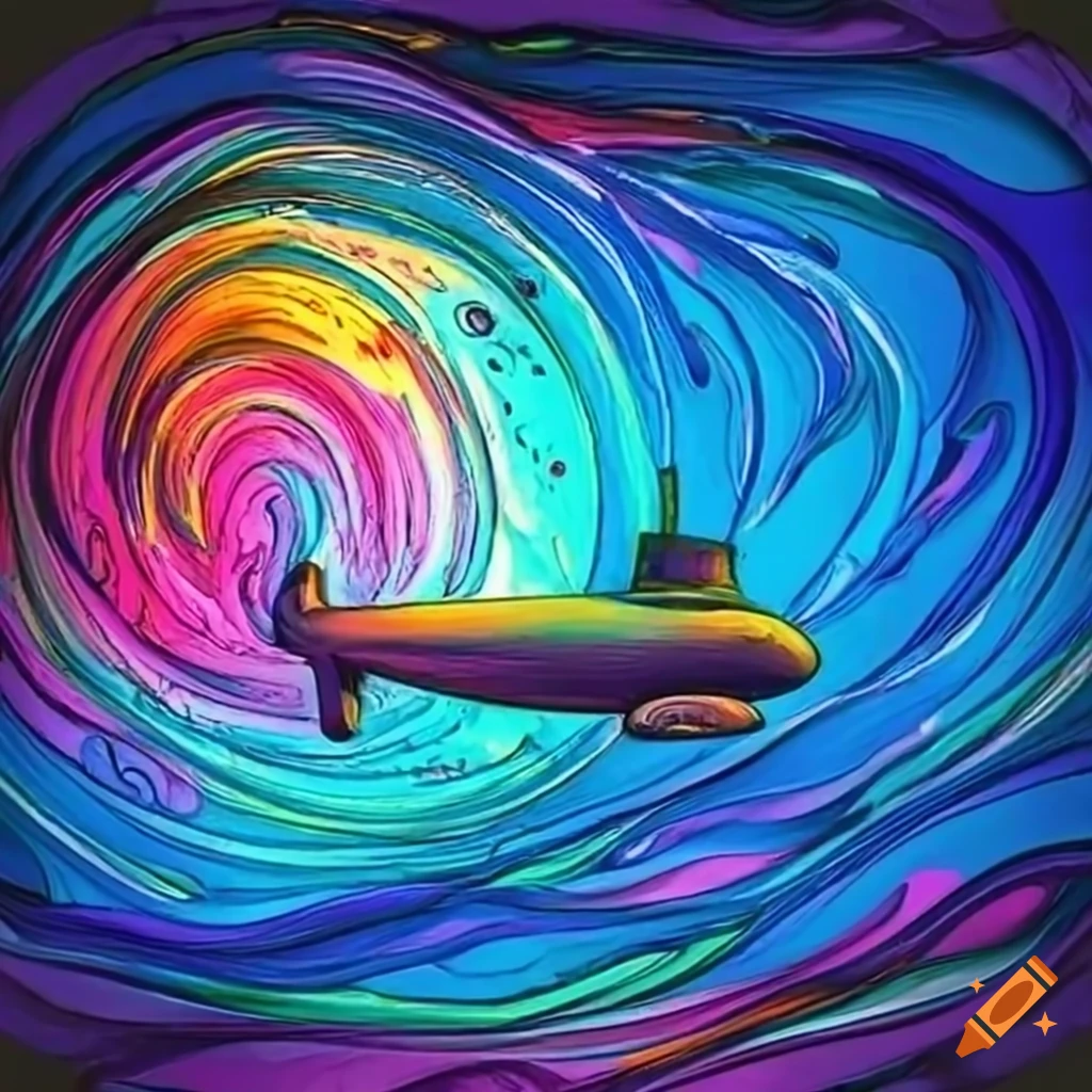 perspective view of water swirling around a submarine