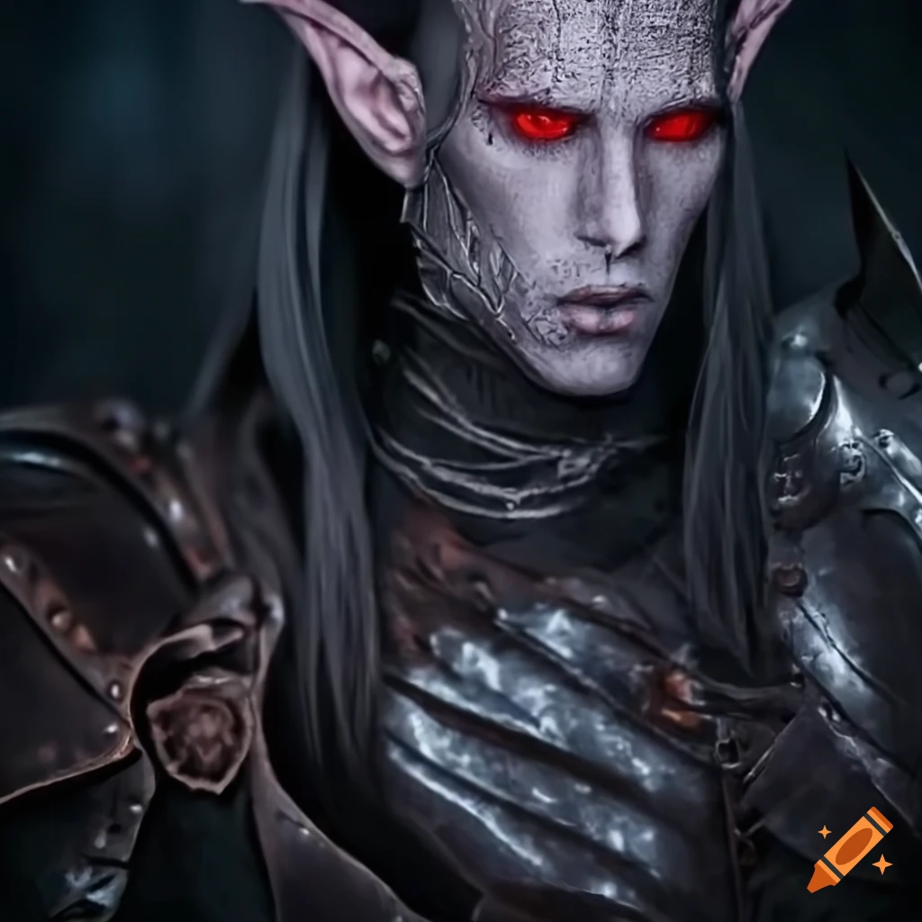 Dark elf with red eyes and leather armor on Craiyon