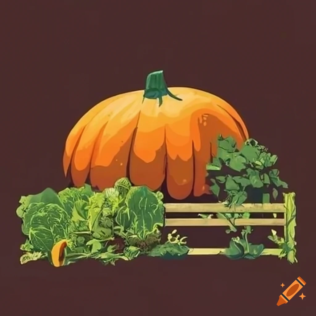 comic style vegetable garden with big squash